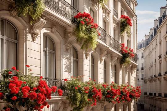Vue d'une rue depuis un immeuble parisien, de type Haussmannien avec un balcon fleuris de g&eacute;raniums rouges