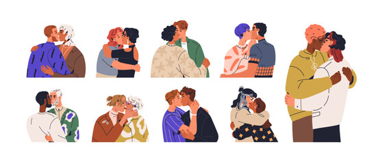 LGBT love couples kissing, hugging set. Romantic sexy gay and lesbian men, women embracing with passion. Intimate homosexual relationship. Flat vector illustrations isolated on white background - obrazy, fototapety, plakaty