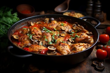 A white bowl filled with chicken and vegetables. AI