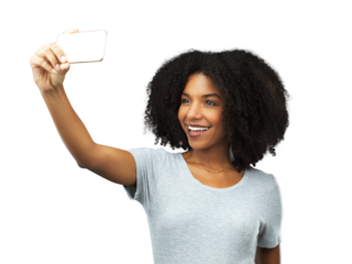 Woman, smile and selfie for social media post while isolated on a transparent png background. Happy african female model taking an online profile picture for memory, photography app and digital blog