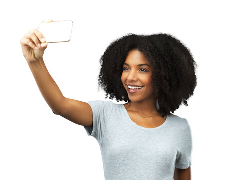 Woman, smile and selfie for social media post while isolated on a transparent png background. Happy african female model taking an online profile picture for memory, photography app and digital blog