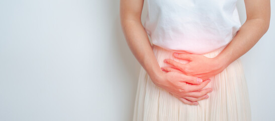 Woman having abdomen pain. Ovarian and Cervical cancer, Cervix disorder, Endometriosis,...