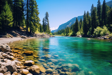 A scenic river with a beautiful forest and mountains