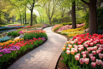 A path surrounded by colorful tulips