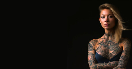 Tattoo artist woman Portrait of tattooed full body with black background copy space, creative design © annebel146