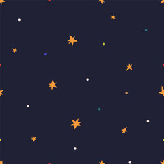 Obraz na płótnie Canvas Seamless pattern, stars on night sky. Endless background design. Repeating starry print for kid wallpaper, textile, fabric, wrapping. Printable repeatable texture. Flat vector illustration for decor