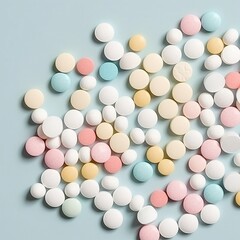 colorful pills on blue pastel background. Capsules pills close-up. health care and medicine. generative ai