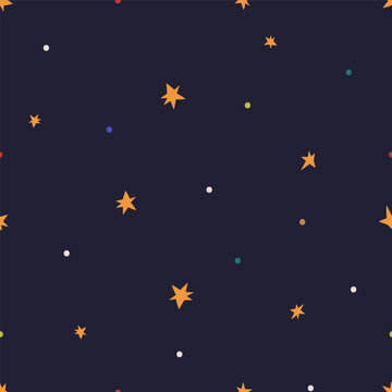 Seamless pattern, stars on night sky. Endless background design. Repeating starry print for kid wallpaper, textile, fabric, wrapping. Printable repeatable texture. Flat vector illustration for decor