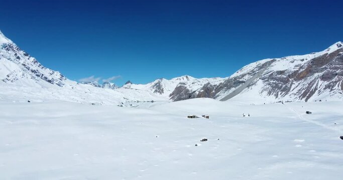 Breathtaking Aerial view of blue Tilicho Lake at Manang Nepal. Range of mountains with snow adds the beauty to the view 4K