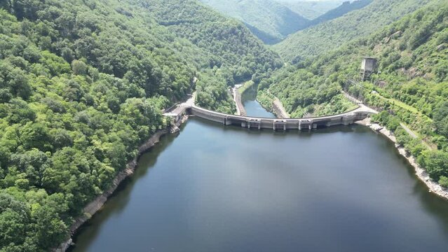 High angle drone aerial Barrage Du Chastang France EDF Hydro power plant