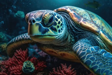 Fototapeta premium Turtle swimming underwater in the colorful coral reef. Tropical marine life. Generative AI