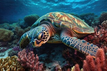 Fototapeta na wymiar Turtle swimming underwater in the colorful coral reef. Tropical marine life. Generative AI