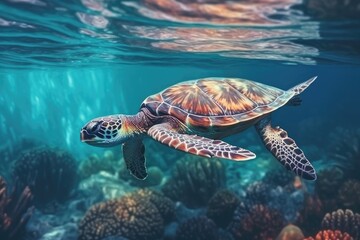 Obraz premium Turtle swimming underwater in the colorful coral reef. Tropical marine life. Generative AI