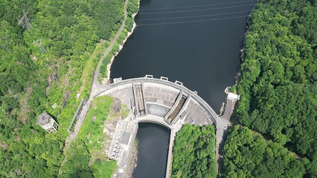 Overhead birds eye view Barrage Du Chastang France EDF Hydro power plant drone , aerial,