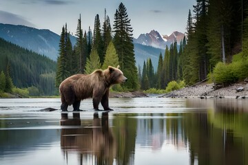 brown bear in the lake generated by AI tool - Powered by Adobe