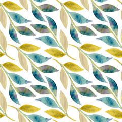 Seamless pattern of watercolor blue, yellow and purple leaves. Hand drawn illustration. Botanical hand painted floral elements on white background.