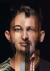 Human face made from different portrait of men and women of diverse age and race. Combination of...
