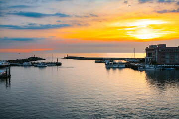 SUNSET VIEW OF TAMSUI FISHERMAN'S WHARF IN NEW TAIPEI CITY ,TAIWAN.
