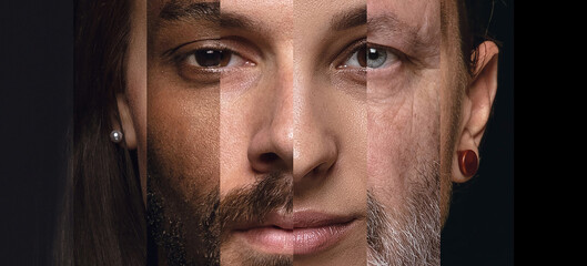 Human face made from portrait of different people of diverse age, gender and race over black background. Concept of social equality, human rights, freedom, diversity, acceptance - obrazy, fototapety, plakaty