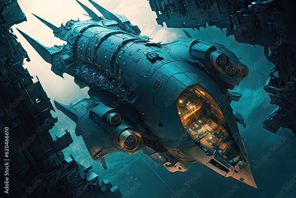 Aufkleber cyber punk spaceship seen from above. glorious generative ai.