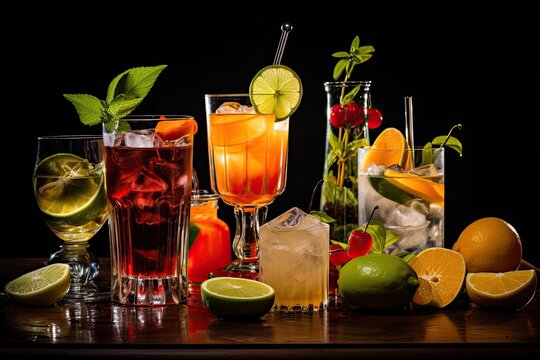 Handcrafted Coctails with Rum at a Bar. Refreshing Alcohol Drinks with Fruity Flavours: Generative AI