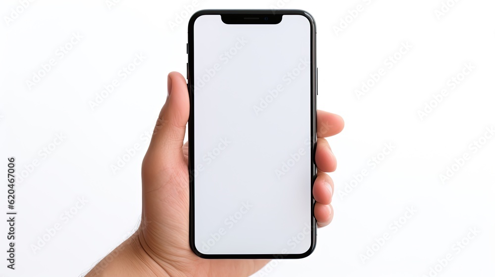 Poster man's hand holding smartphone with white screen for easy modification - closeup isolated cell phone 