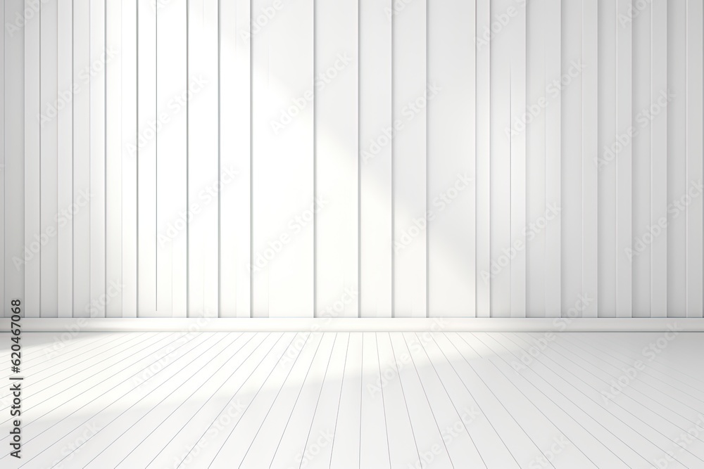 Poster minimalistic white room interior with wood plank floor and rhythmic shadows cast by sunlight - 3d re