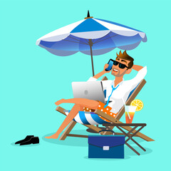 Feelancer on the beach working and rilaxing. Business Man Remote Work Place. Businessman at the beach.