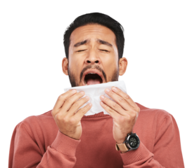 Problem, napkin or face of sad man crying over emotional crisis, heartbreak or mourning extreme loss, grief or pain. Tissue, despair or upset person wipe tears isolated on transparent, png background