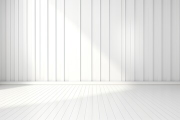 Minimalistic White Room Interior with Wood Plank Floor and Rhythmic Shadows Cast by Sunlight - 3D Render of Spacious Empty Architecture: Generative AI