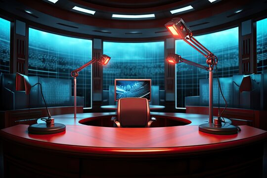 Interpreting Booth with Microphone and Audio Board. Conference Hall Visible in Background with Language Translator for Business or Court: Generative AI