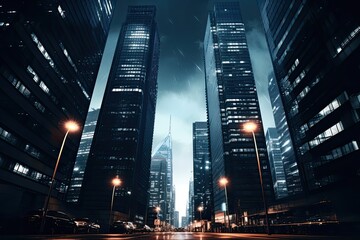 Modern Skyscrapers: Night Time Views of Tall Buildings Illuminated with Lights. Generative AI