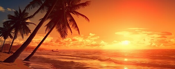 Obraz premium Beauty of beach oceans and romantic sunsets. Majestic palm trees, sunsets and beautiful seascape in paradise