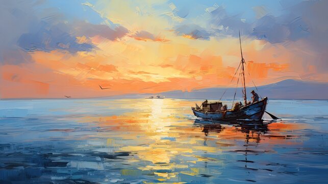 Oil Paintings of a Serene Fisherman's Boat Amidst Majestic Ships and Sea Landscape in Blue, Artful Artistic Sky Water: Generative AI