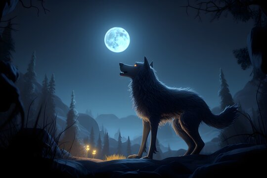 a wolf standing in a snowy area with a moon in the background