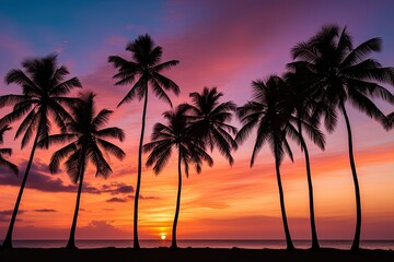 Sky at Dawn over Palm Trees Silhouettes, Zanzibar. Romantic View of Tanzania's East Coast: Generative AI