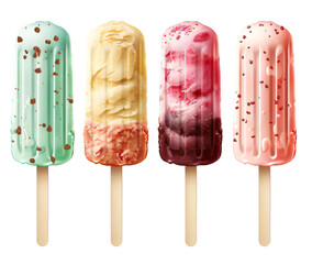 Lots of colorful ice cream sticks. Pistachio, berry, fruit ice cream. Isolated on transparent background. KI.