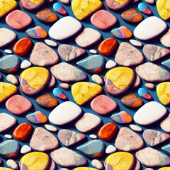 Naklejka premium Polished gemstones seamless pattern. Tumbled rocks, pebbles repeating background. Generative AI.