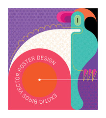 Exotic bird geometric style vector poster design. A large parrot of bright colors with a spread wings sits on a branch.