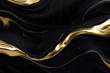 Wavy and Three-Dimensional Black Gold Abstract Background of Marble Art with Swirls and Incredible Swirls of Gold Colours