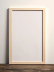 a single large wooden vertical frame mockup on a white wall in a minimalist house created by generative AI