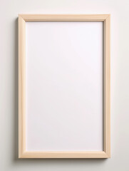 a single large wooden vertical frame mockup on a white wall in a minimalist house created by generative AI