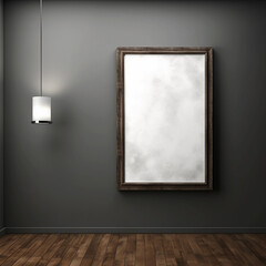 a single large wooden vertical frame mockup on a dark wall in a minimalist house created by generative AI