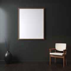 a single large wooden vertical frame mockup on a dark wall in a minimalist house created by generative AI
