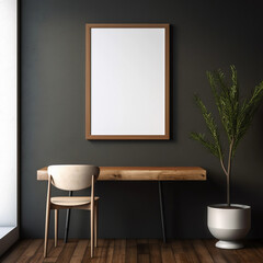 a single large wooden vertical frame mockup on a dark wall in a minimalist house created by generative AI
