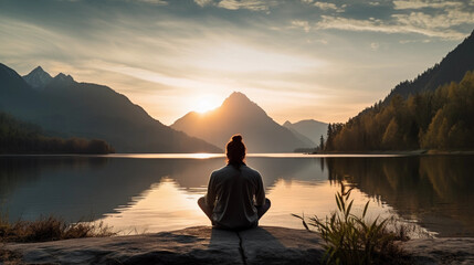 back view of a man sitting in yoga pose in the sundown with a lake and mountains in front of him created by generative AI