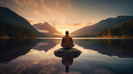Naklejka na ściany i meble back view of a man sitting in yoga pose in the sundown with a lake and mountains in front of him created by generative AI