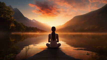 back view of a woman sitting in yoga pose in the sundown with a lake and mountains in front of her created by generative AI