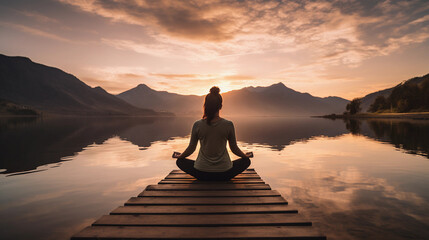 back view of a woman sitting in yoga pose in the sundown with a lake and mountains in front of her created by generative AI