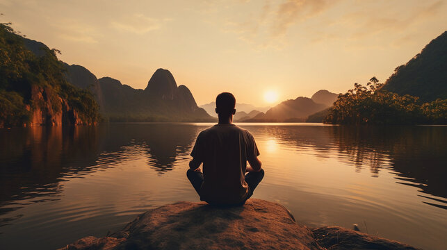 back view of a man sitting in yoga pose in the sundown with a lake and mountains in front of him created by generative AI